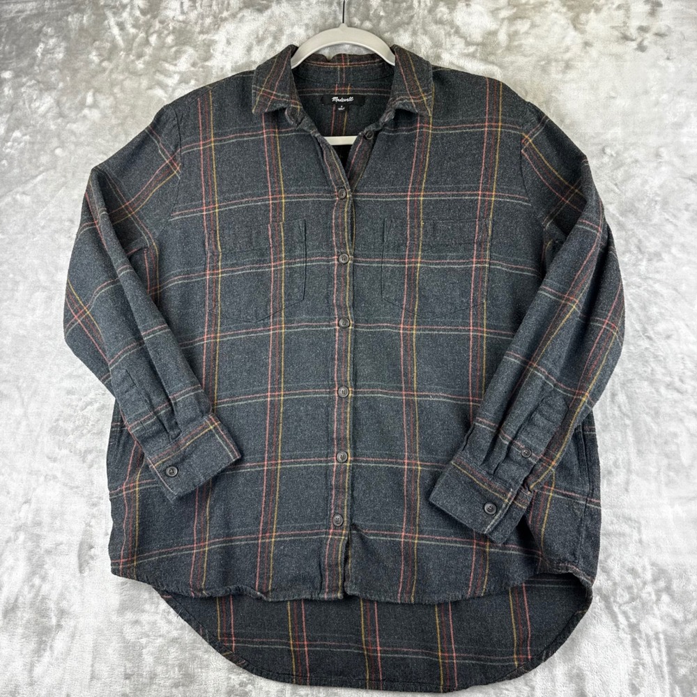 Madewell Flannel Shirt Women S Grey Plaid Oversized Button Front Cotton (1660)